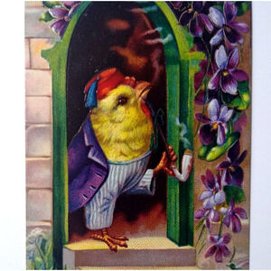 Easter Postcard Fantasy Dressed Baby Chick Fez Hat Smoking Pipe Gel Germany 1520